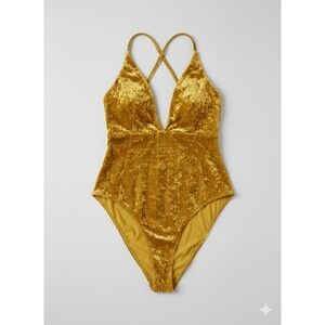 Women's Small Golden Crushed Velvet One Piece Swimsuit Deep V Neck